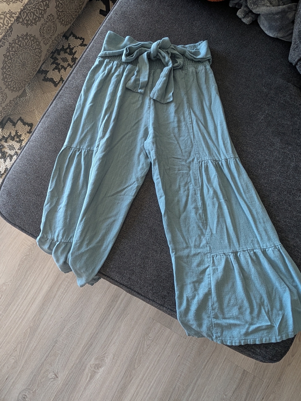 Light Blue Wide-Leg Paperbag Waist Pants with Tie
